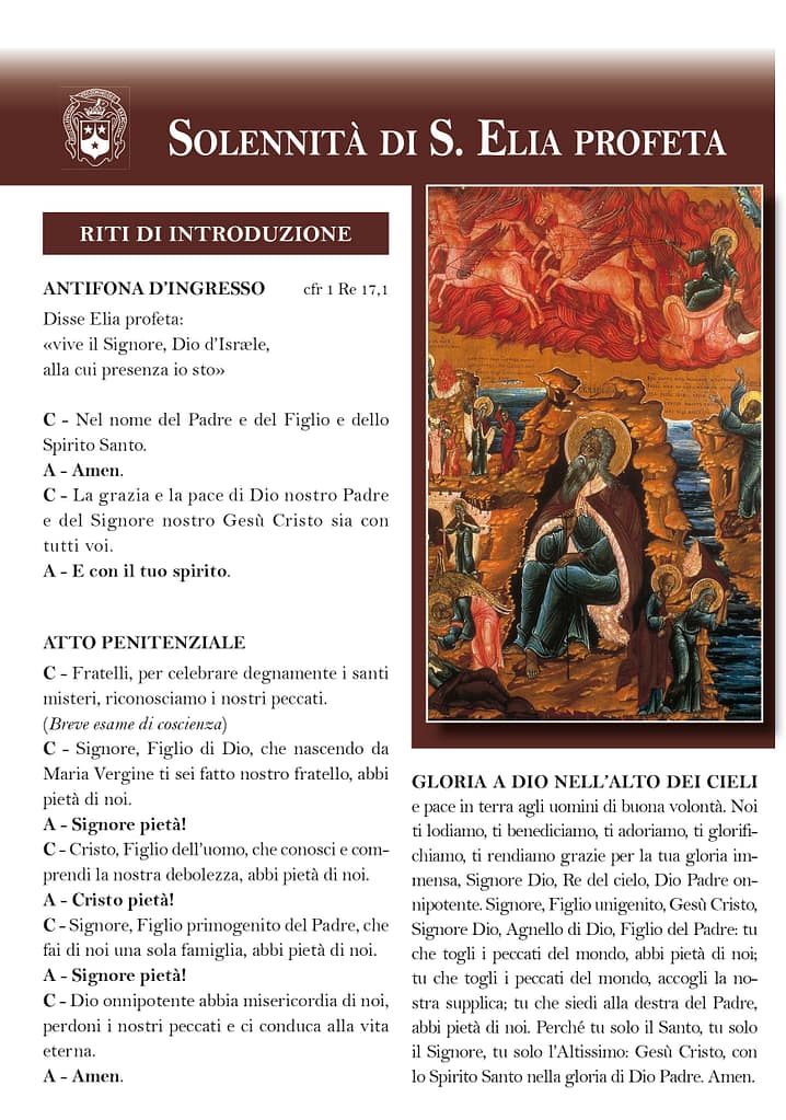 Foglio per la celebrazione Eucaristica della Solennità di S. Elia profeta